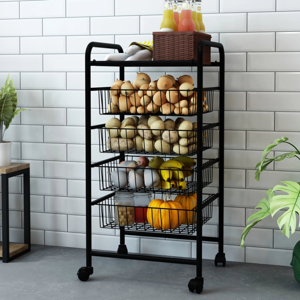 Carrello da Cucina 'Rudbjerg' Carrello con 4 Cesti a Rete e Piano Rimovibile Scaffale per Conservare Frutta e Verdura [en.casa]