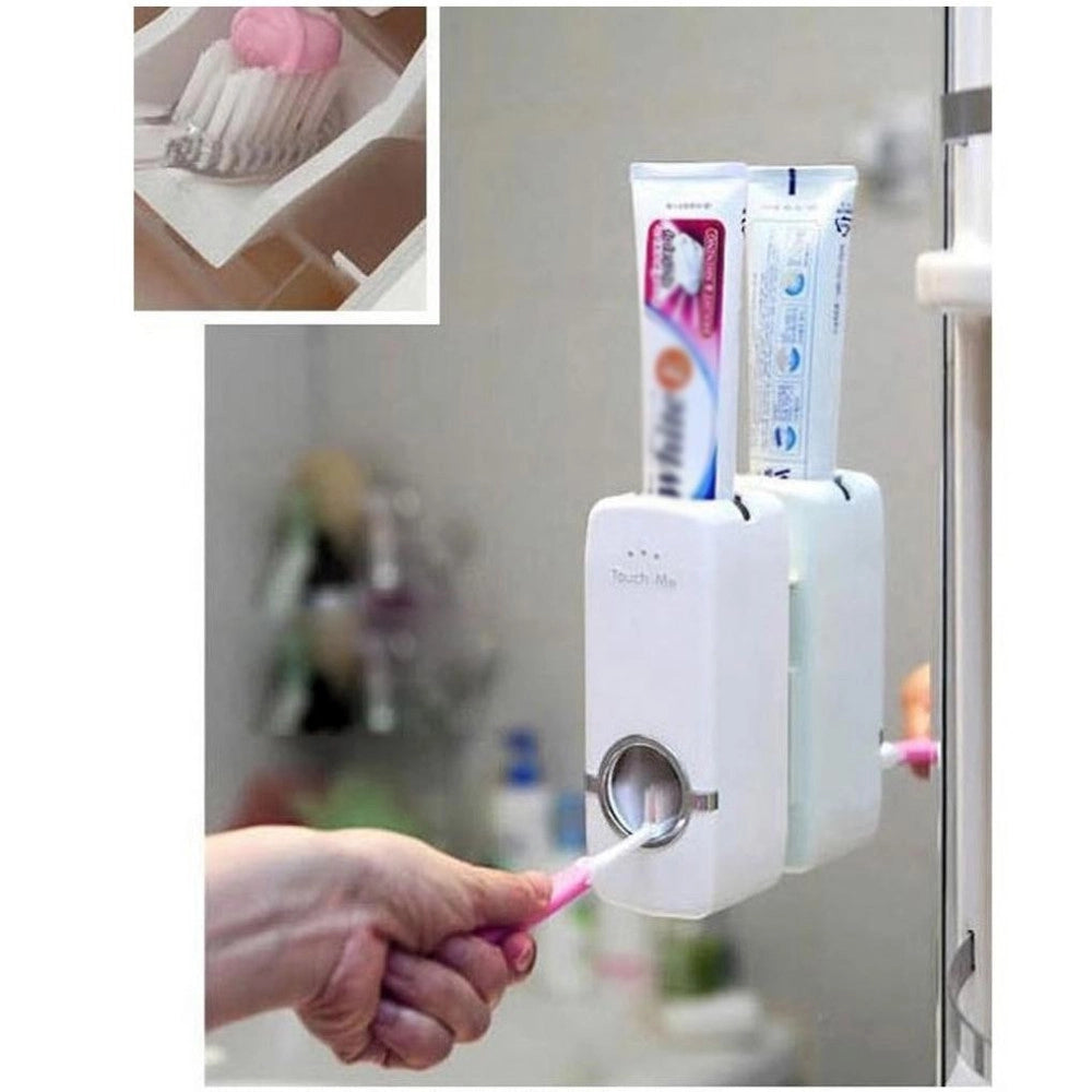 Trade Shop - Dispenser Erogatore Dentifricio Automatico Dosatore Con Porta Spazzolini Adesivo -