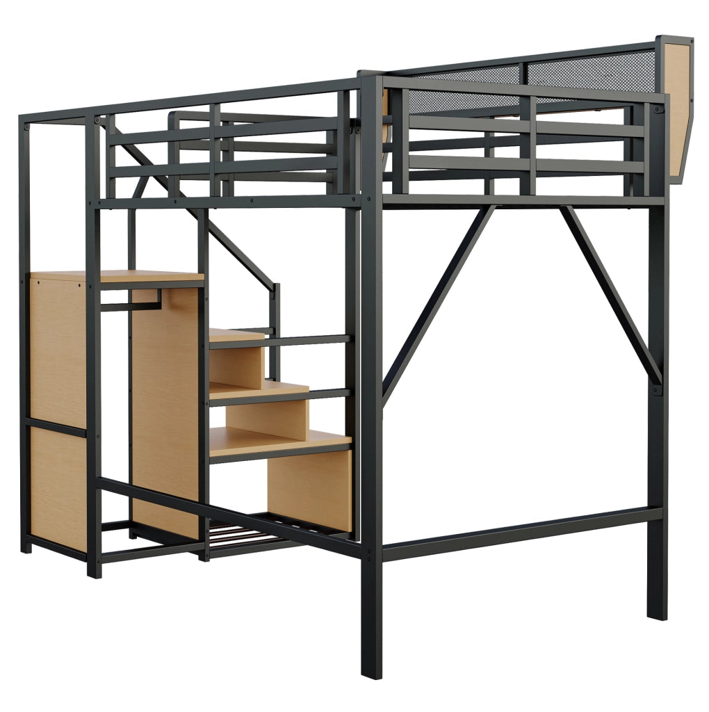 Letto a soppalco 140x200 cm in metallo nero con scala di sicurezza e ripiano