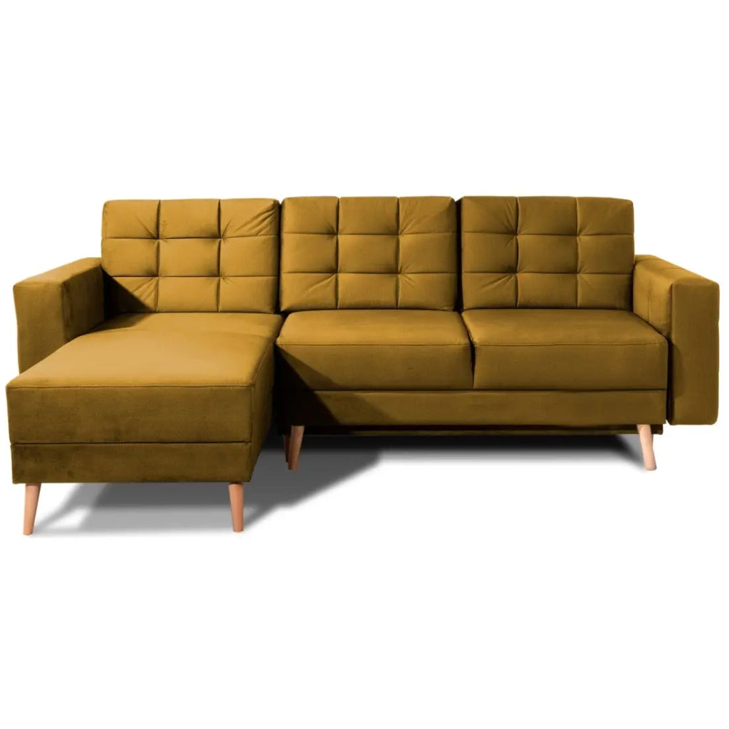 Divano angolare convertibile HASGARD 3 posti giallo 248x162 cm – con vano contenitore e piedi in legno