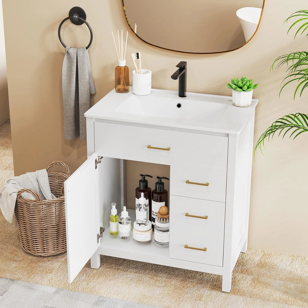 Mobile da bagno con lavabo in ceramica, armadio sotto il lavabo con 2 cassetti e 1 scomparto con porta, 76 x 46,5 x 86 cm, mobile lavabo per bagno, lavanderia, bianco