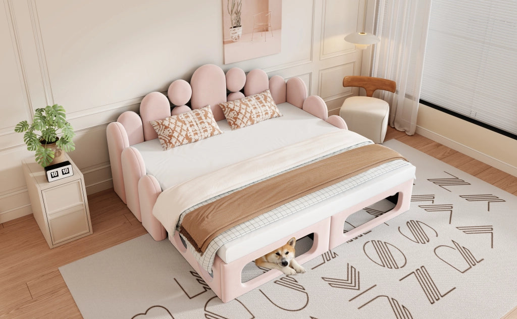Divano letto 180×200 cm 2 posti; convertibile; in velluto; con letto per animale; senza materasso; rosa