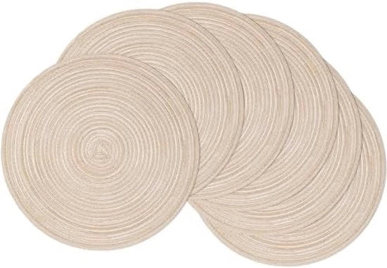 Set di 6 tovagliette, cotone, rotondi, intrecciati, lavabili, grigi, rotondi, lavabili, termoresistenti, per matrimonio, festa, cucina, decorazione, 38 cm (Beige)