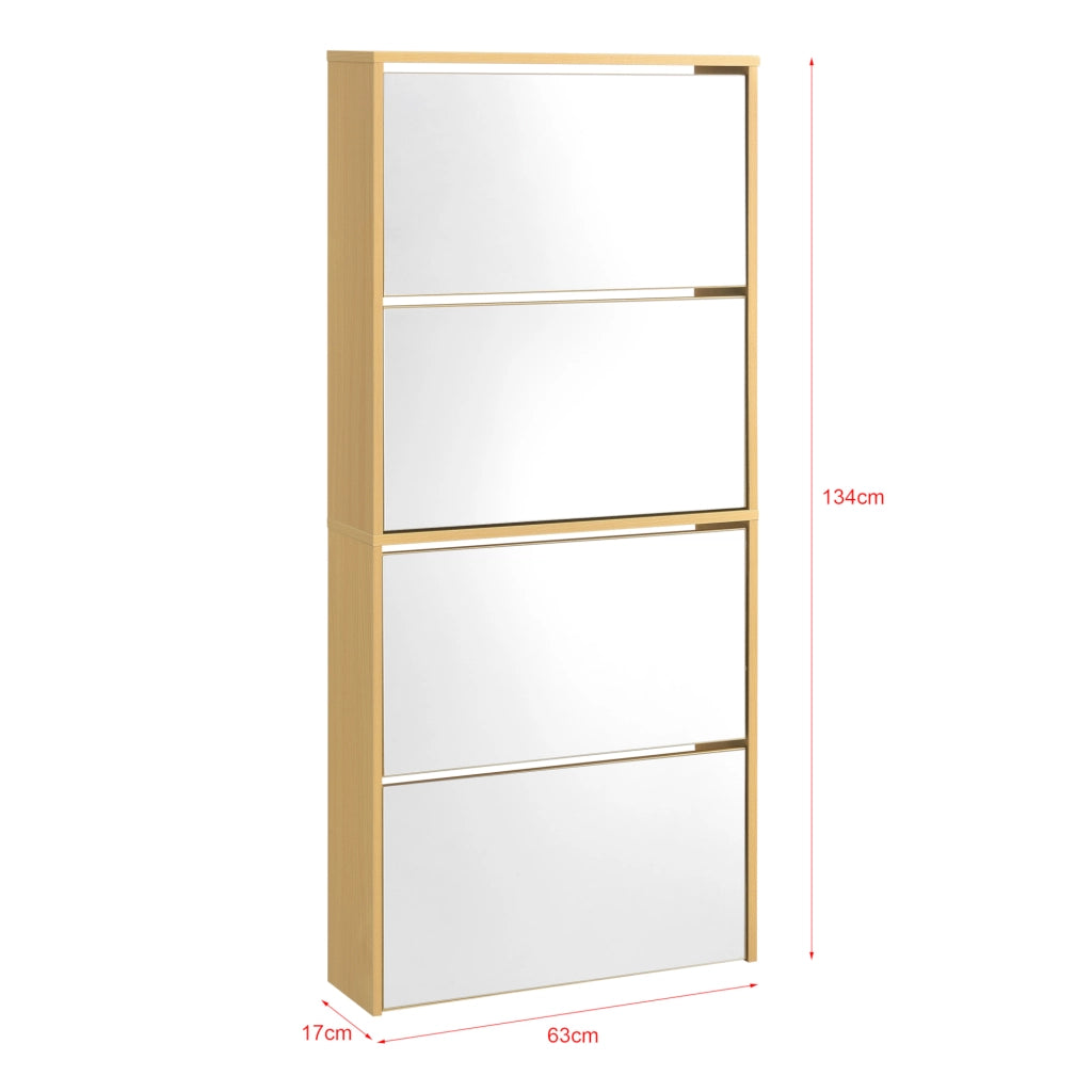 Scarpiera Vogar con 4 Contenitori Ribaltabili Mobile Portascarpe con Ante a Specchio 134x63x17 cm Effetto Faggio [en.casa]