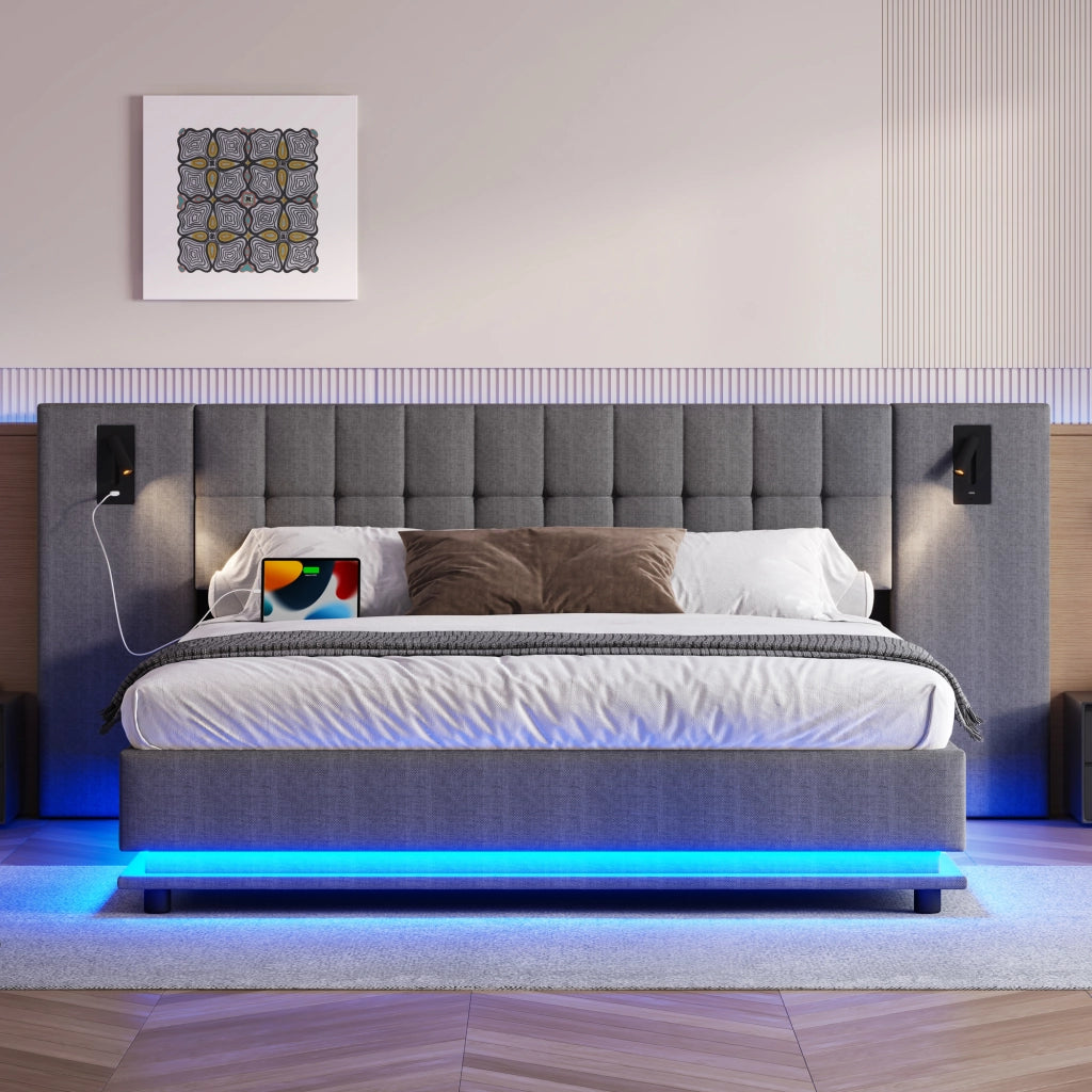 Letto imbottito matrimoniale 180×200 cm con testiera; LED; USB e spot; senza materasso; lino; grigio