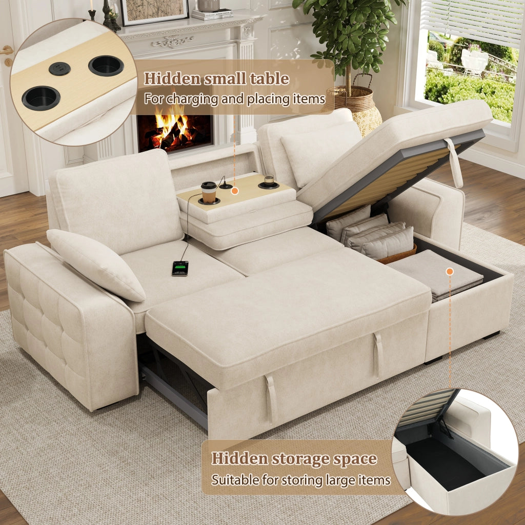 Divano angolare 3 posti convertibile con letto estraibile, contenitore, USB e chenille beige 237 × 141 × 86 cm