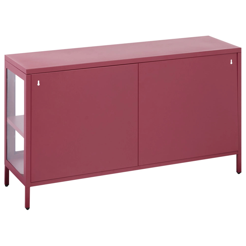 Credenza in acciaio con vetro temperato a 3 ante e ripiani regolabili rosso scuro arredi per il soggiorno dal design moderno.