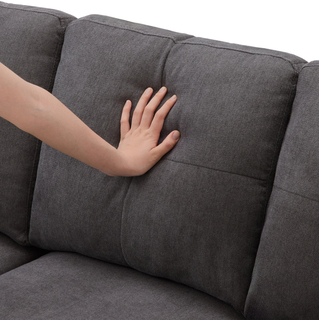 Divano angolare con chaise longue reversibile; contenitore; porta bicchieri e 2 cuscini; 175 cm; grigio scuro