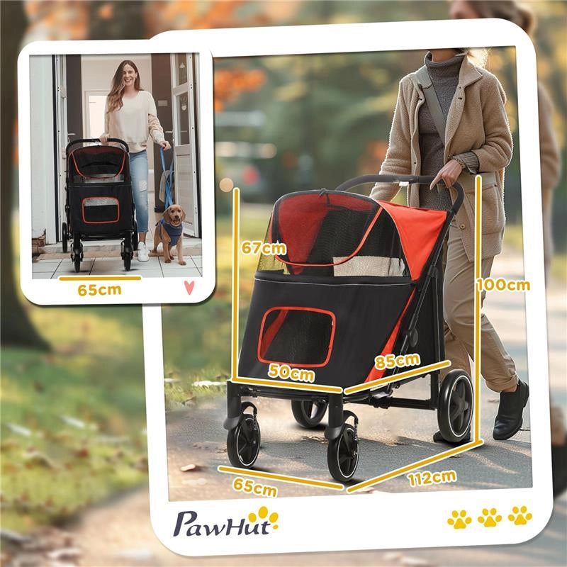 PASSEGGINO PER CANI PIEGHEVOLE CON INGRESSI A CERNIERA E FINESTRE A RETE 112X65X100 CM NERO E ROSSO