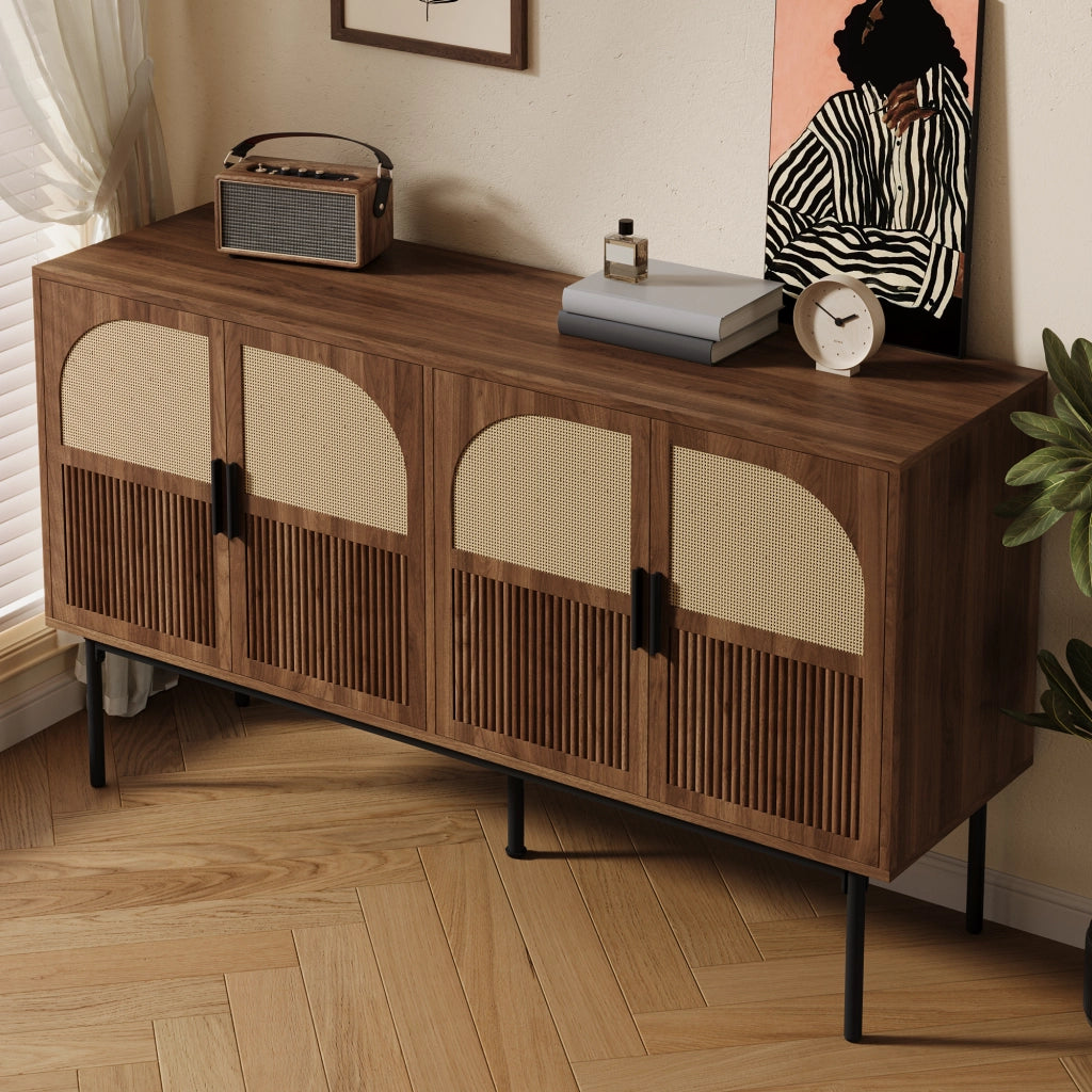 OKWISH Madia con 4 Ante e Cerniere Ammortizzate, per Soggiorno o Ingresso, MDF, Naturale, 140 × 40 × 80 cm