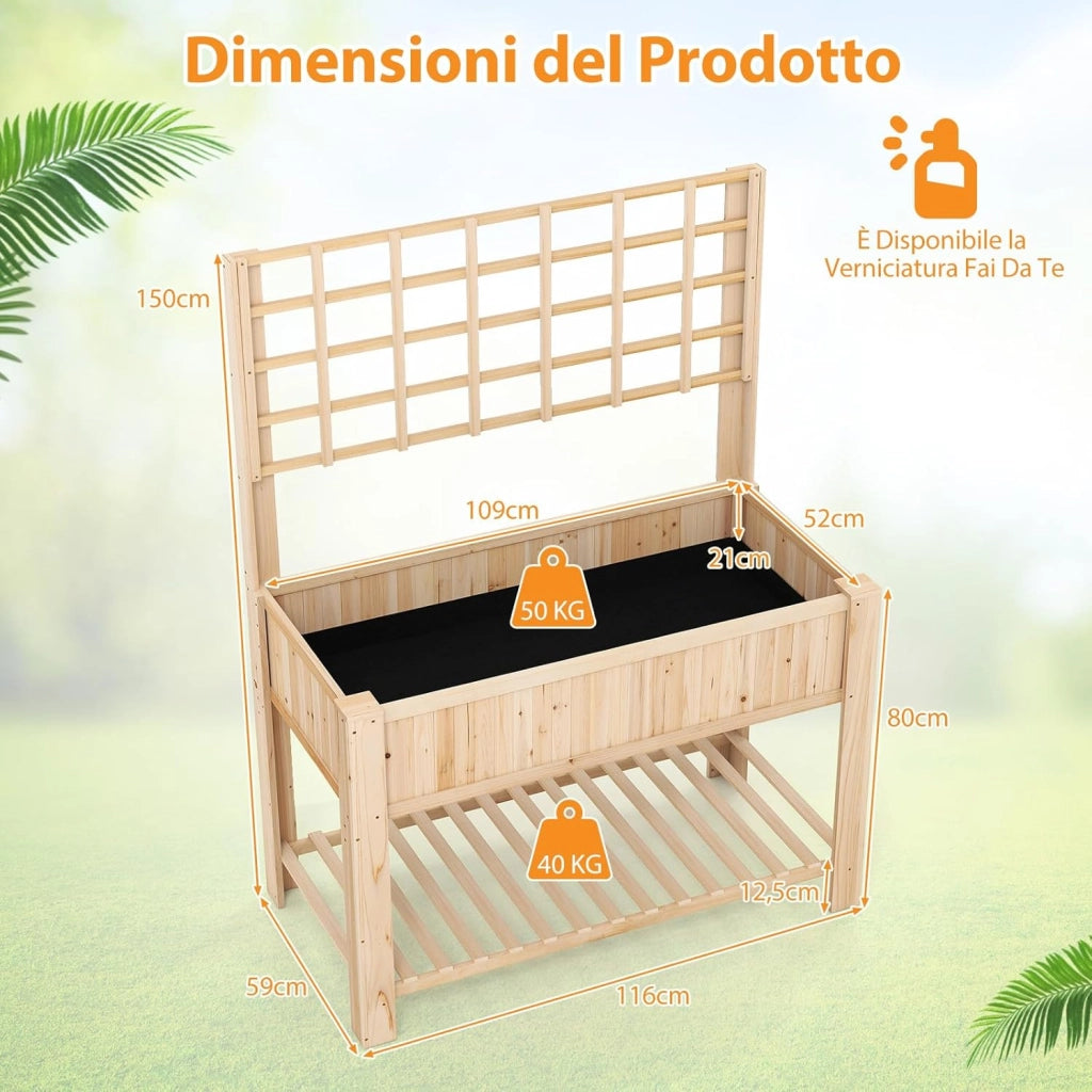 Letto da Giardino Rialzato, Fioriera Elevata con Traliccio, Mensola di Stoccaggio e Fori di Drenaggio, Orto Rialzato per Cortile, Giardino e Patio, 116 x 59 x 150 cm (Naturale)