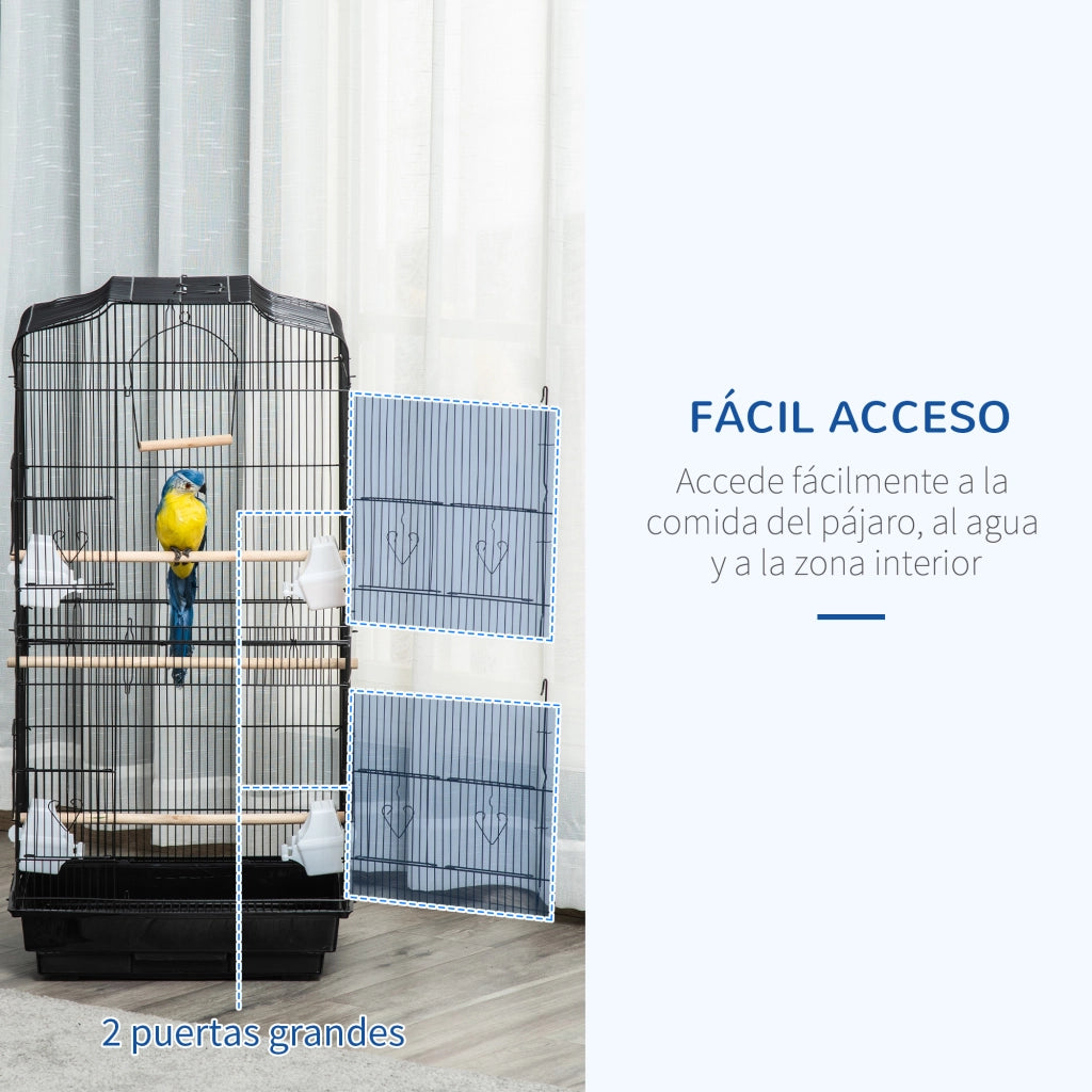Gabbia per Uccelli ¨C Xylo ¨C Metallo Nero con 4 Mangiatoie 3 Posatoi Altalena 46,5x35,5x92 cm
