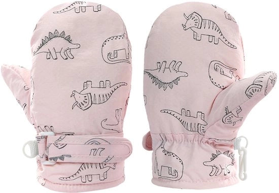 Manopole sciistiche per bambini, disegno dinosauro, calde, traspiranti, morbide e comode, per attività all'aperto, Rosa, L (4 - 10 anni)