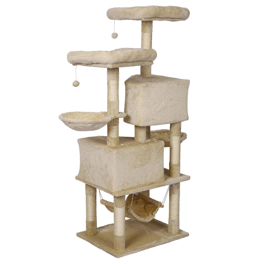 Albero tiragraffi beige con motivo a zampe 145cm Con amache, cucce per gatti e palline