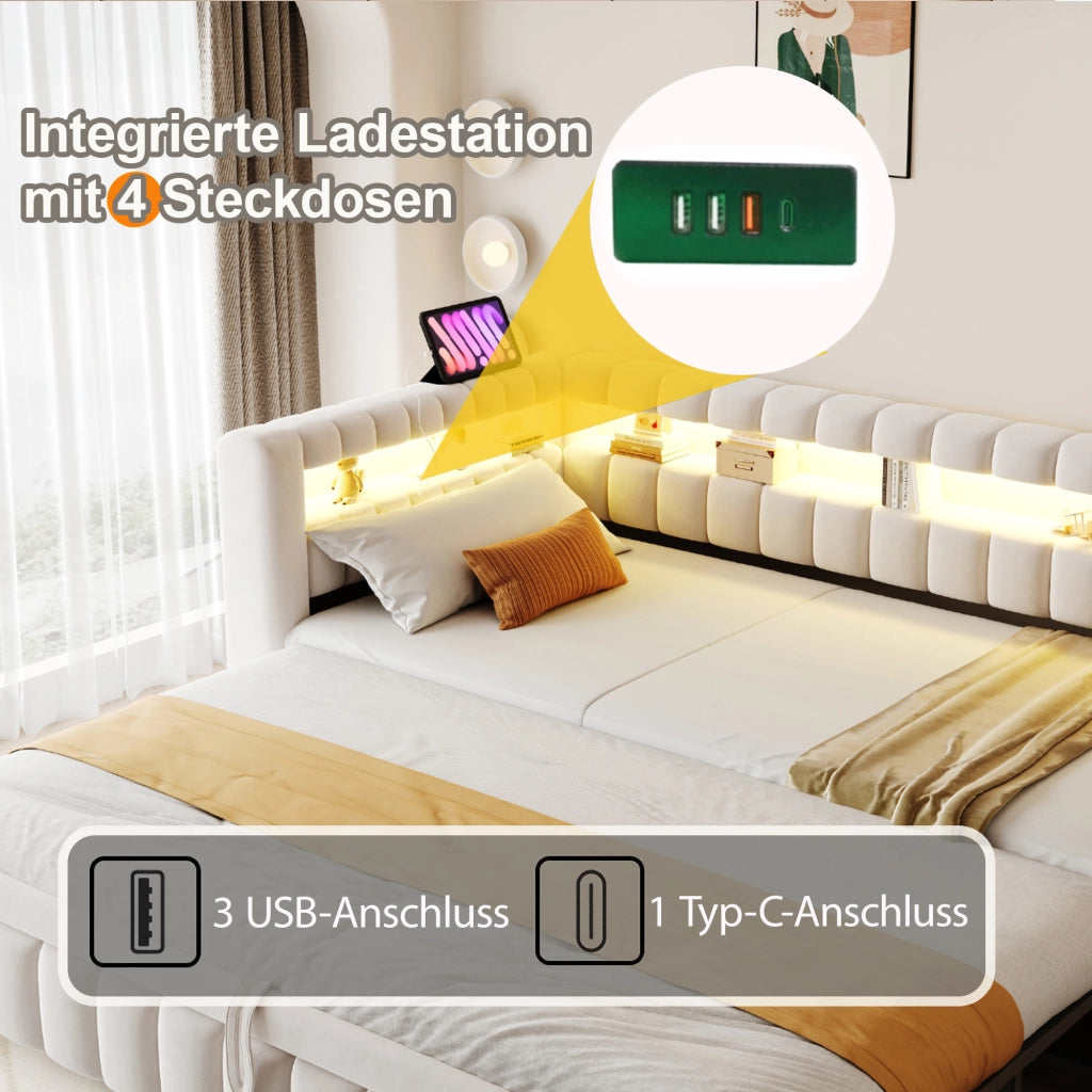 OKWISH Letto a Divano 90×200 cm, Letto Singolo con Letto Estraibile, USB, Type-C, LED Regolabile e Vani Portaoggetti, senza Materasso, Beige