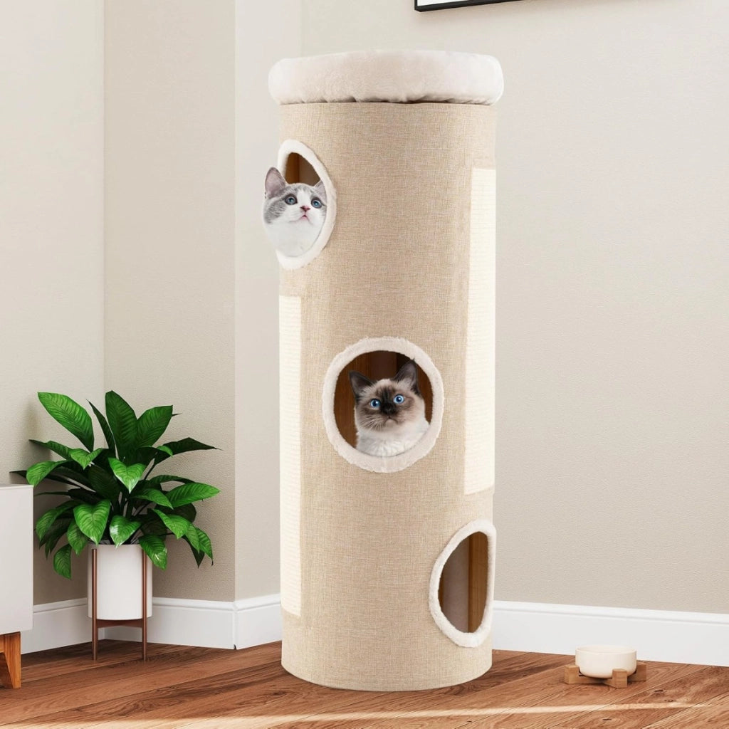 Casa per gatti a 4 piani con letto a caverna elevato, Tavoletta per graffi e altro ideale per pi¨´ gatti Bianco + Naturale-Alberi Tiragraffi