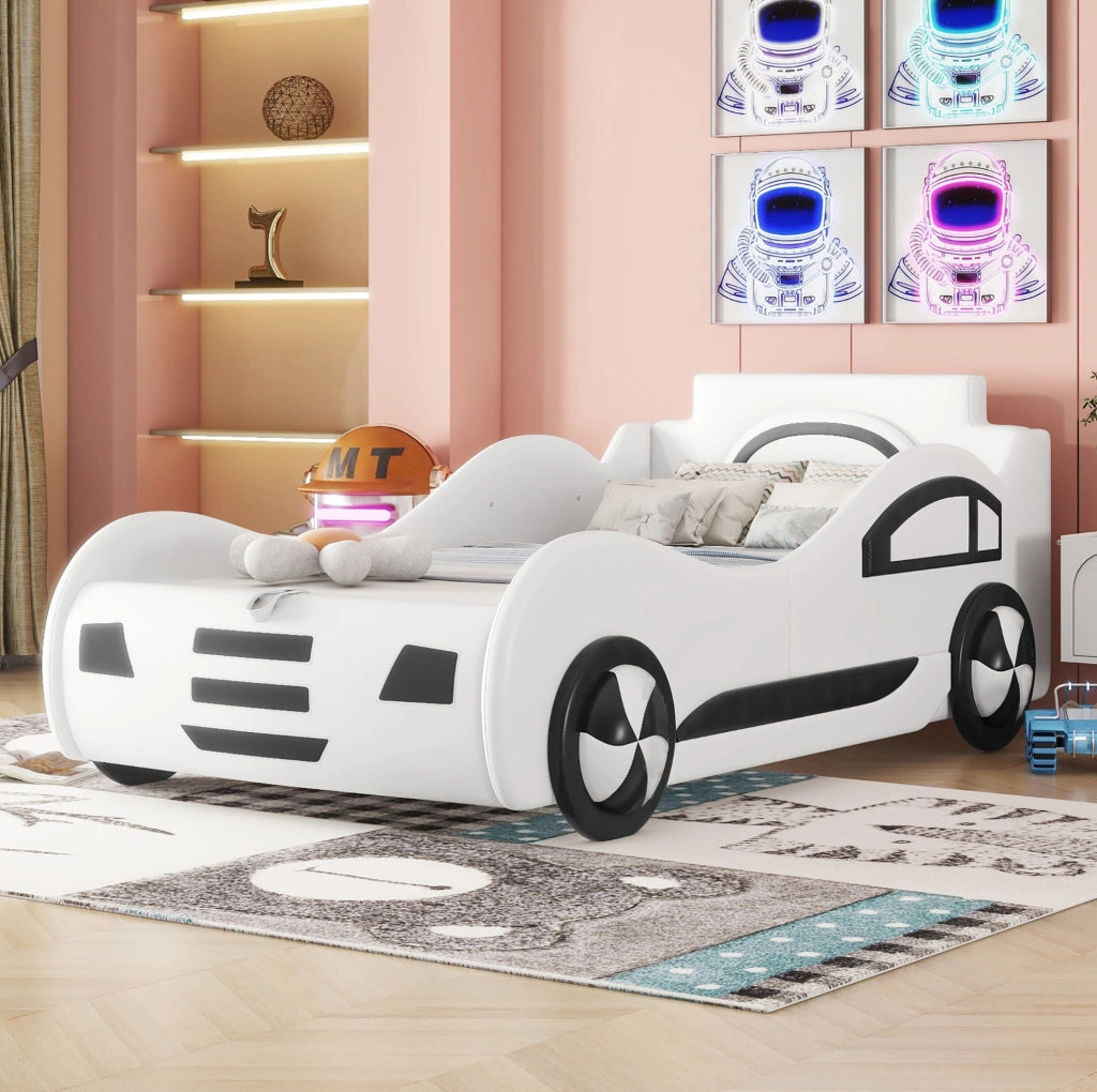 Letto per bambini a forma di auto 90 x 200 cm con rete a doghe e vano contenitore; bianco
