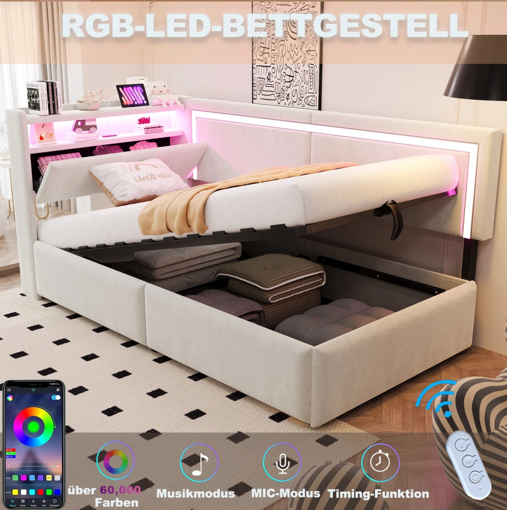 Poltrona letto multifunzione 90x200 cm in velluto beige con LED; USB e contenitore