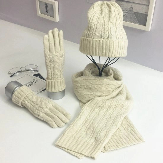 Set di accessori in lana mista | Orecchini caldi, cappello a maglia, sciarpa e guanti | Unisex