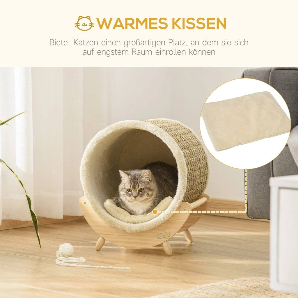 Tiragraffi per gatti con grotta, cuscino e area graffio integrata, design rialzato in legno khaki per interni