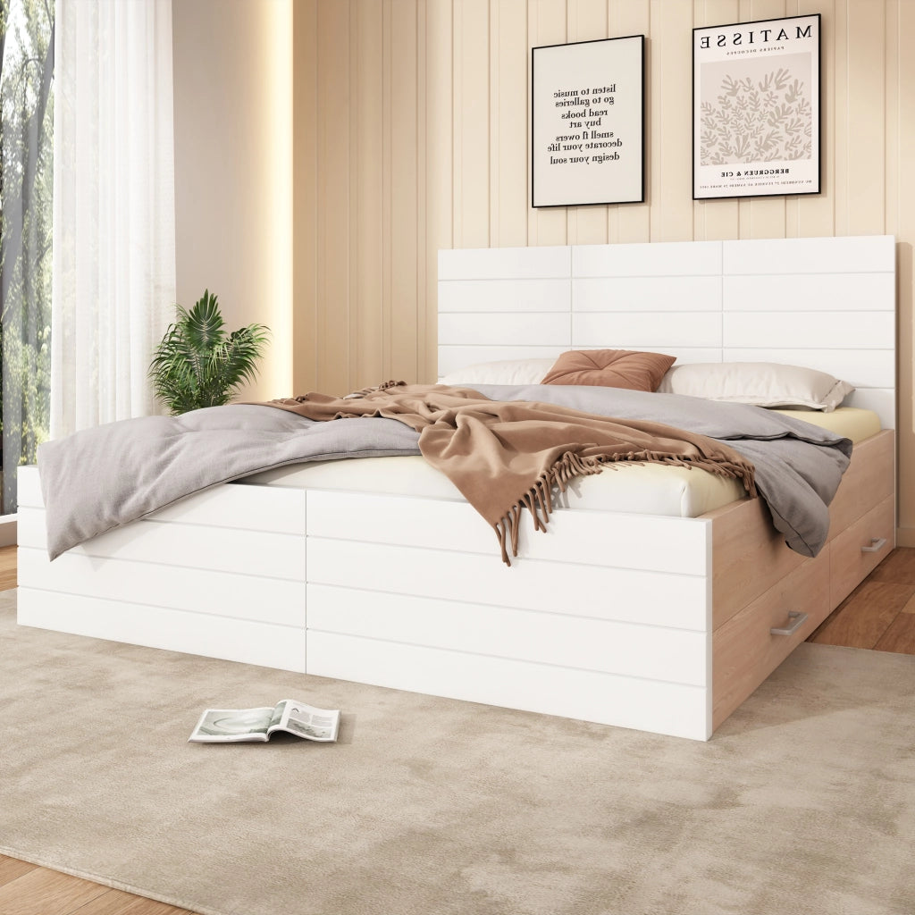 OKWISH Letto con Cassetti 140×200 cm, Letto Matrimoniale con 2 Cassetti e Ampio Spazio Contenitore, senza Materasso, in Legno Massello e MDF, Bianco e Rovere