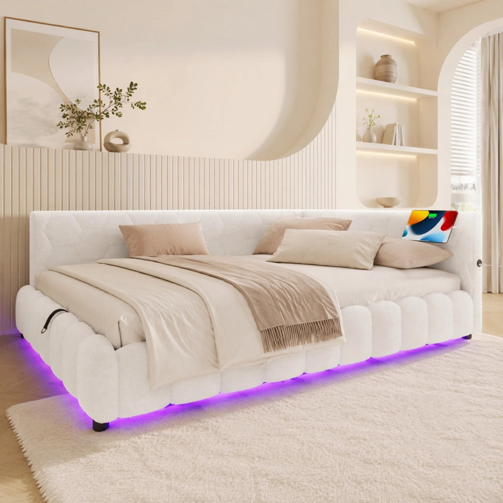 DESMIU Letto Divano 140 × 200 cm 2 posti con contenitore, LED, USB e Type-C, senza materasso, in velluto, bianco