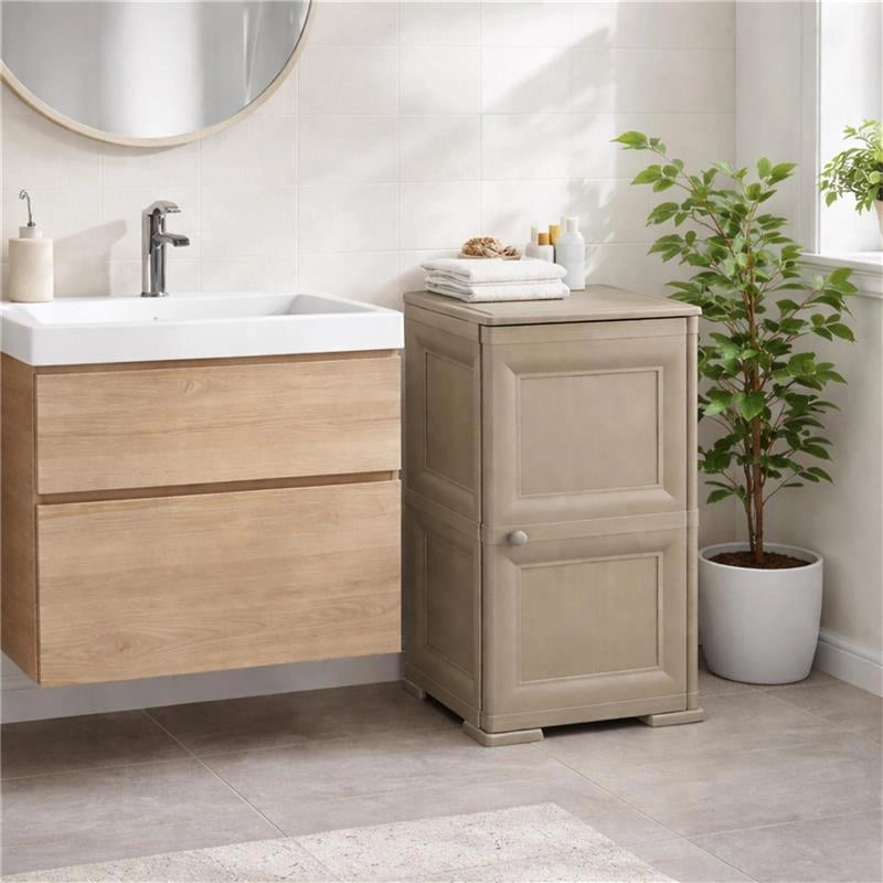 MOBILE 2 MODULI TALPA 40X43X85,5 CM IN RESINA CON ANTE EFFETTO LEGNO – MOBILETTO PORTAOGGETTI SALVASPAZIO PER INGRESSO E ZONA LIVING