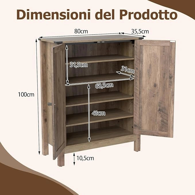 Armadio per Scarpe con Ante, Scarpiera in Legno da 6 Livelli in Stile Rustico con Ripiani Regolabili, per Ingresso Corridoio e Soggiorno, 80x35,5x100 cm (Marrone)