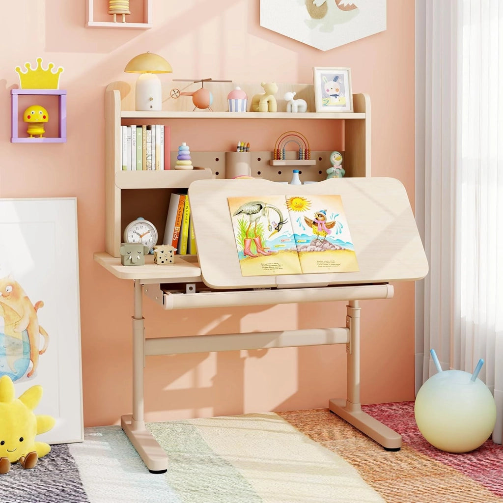 Scrivania per Bambini 3+ Anni, Tavolo da Studio Regolabile in Altezza con Libreria e Cassetto, Piano Inclinabile, Mensole, Leggio e Portapenne, Scrivania per Studiare (Giallo)