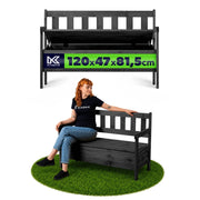 Panchina da giardino in legno KADAX con schienale, 120 cm, con contenitore, per terrazzo o balcone, colore antracite.