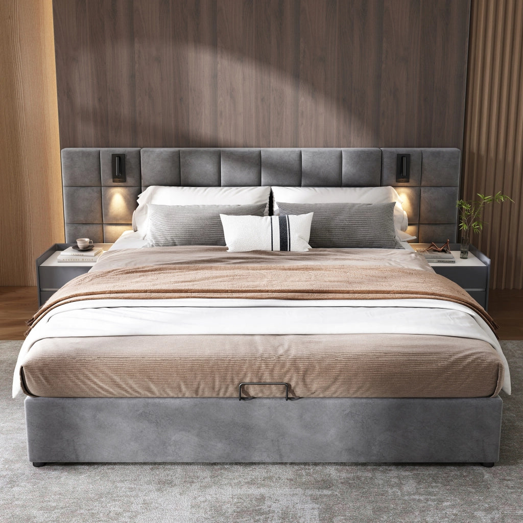 Letto imbottito - Xylo - 160x200 - Grigio - Velluto idraulico