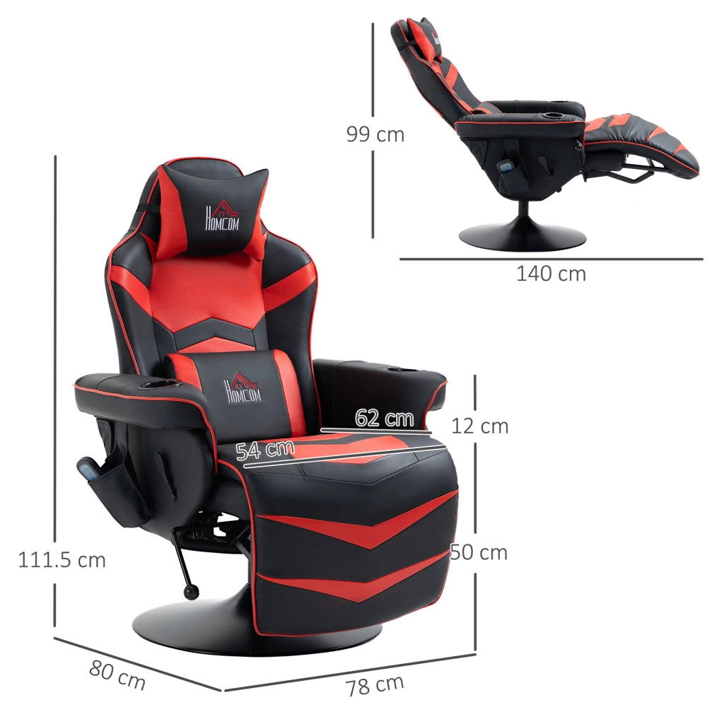 Sedia da Gaming Massaggiante con Poggiapiedi e Cuscino, in Finta Pelle, 78x80x111.5 cm, Nero e Rosso