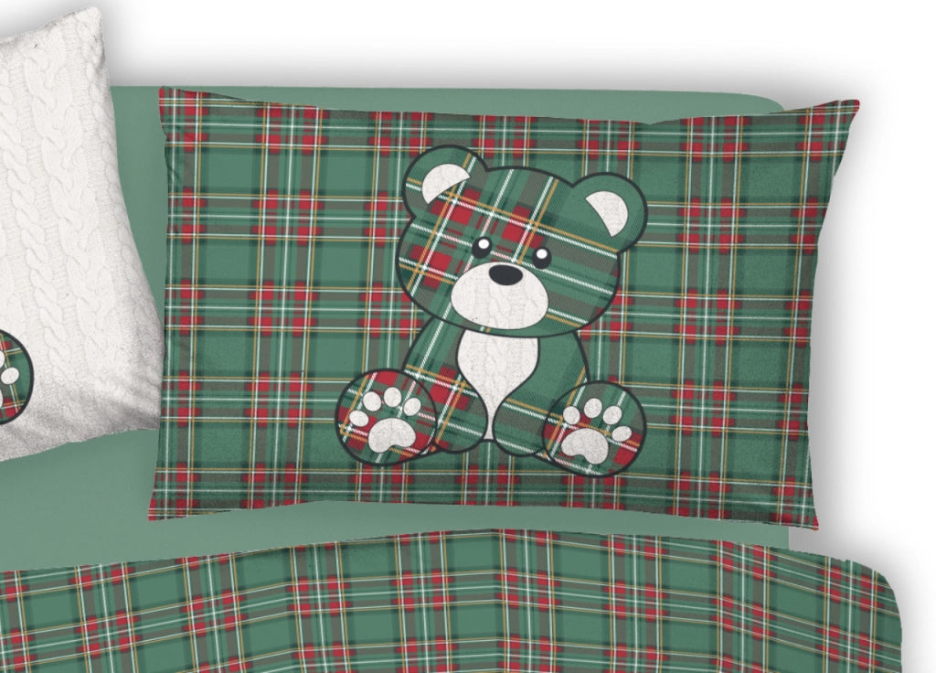 Copripiumino Sacco Piumone Pensieri Delicati 100% Cotone Orsetto Tartan - Singolo - Verde