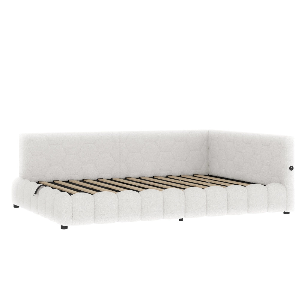 Letto a una piazza e mezza 140x200 cm con rete a doghe, contenitore idraulico, LED, USB e Type-C, bianco