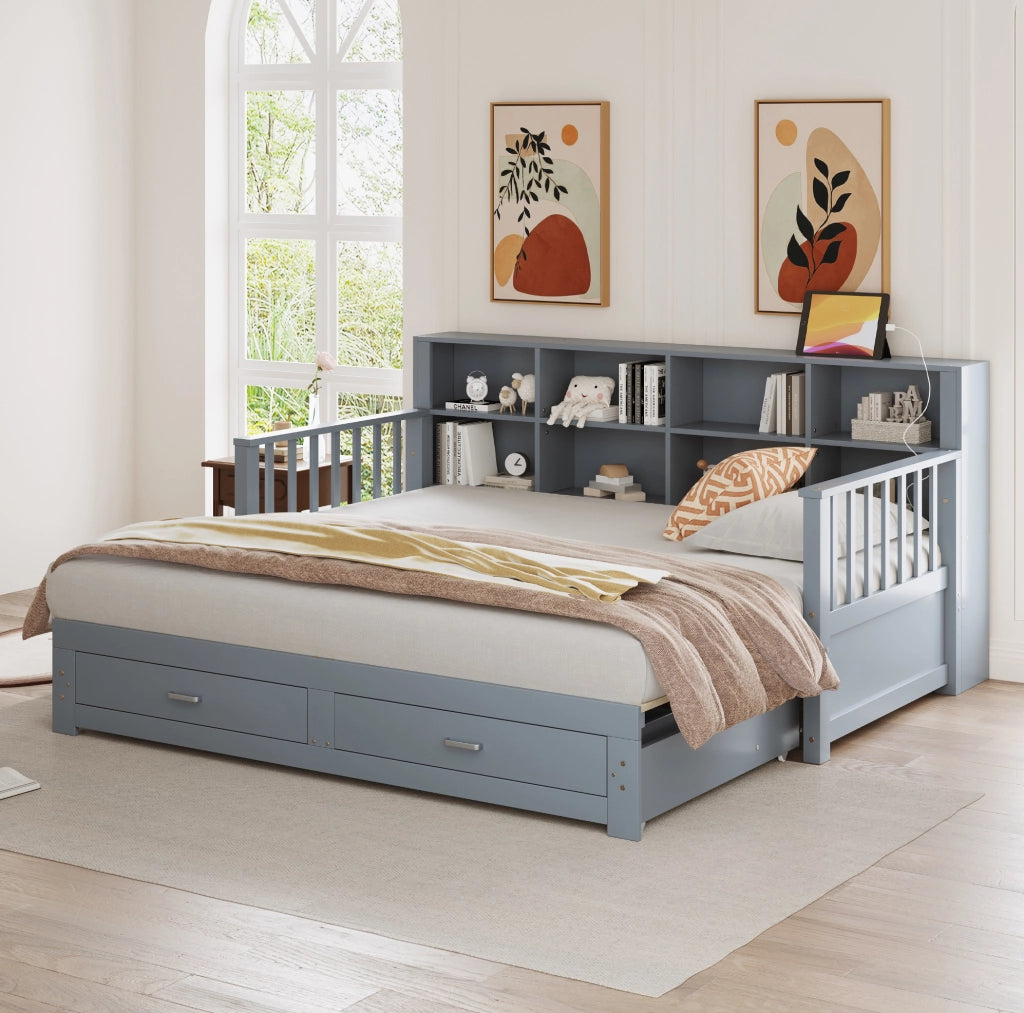 Divano letto multifunzione estraibile in legno massello con contenitore e presa integrata