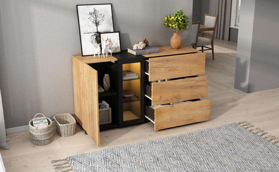 Credenza Moderna 140 cm Mobile Buffet Nero e Marrone con 3 Cassetti e Luci LED