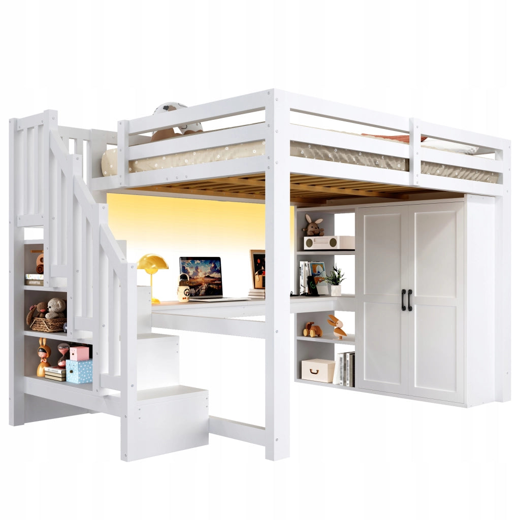 Letto a castello con scrivania e armadio - Xylo - 140x200 - Bianco - USB, LED