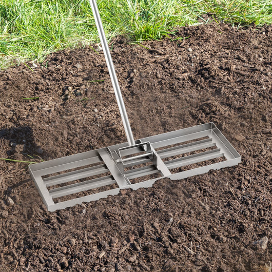 Rastrello livellatore per prato cortile, Livellatore giardino con impugnatura ergonomica e piastra 75 x 25 cm Argento-Attrezzi da giardino