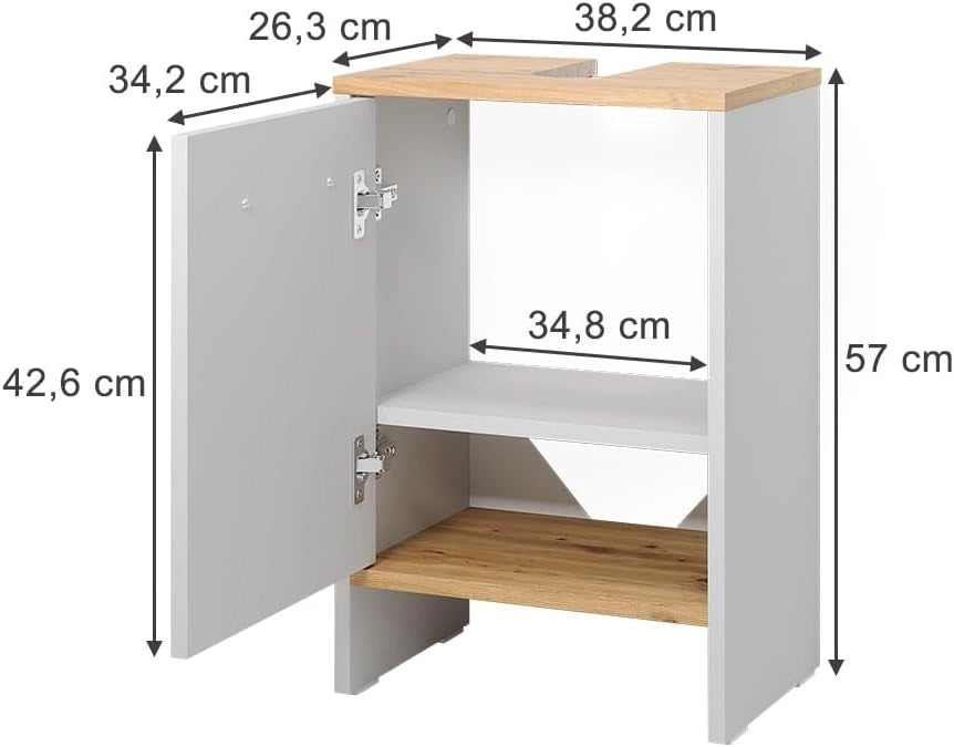 Mobile sottolavabo per bagno Karli, Rovere bianco/dorato, 38.2 x 57 cm con la porta