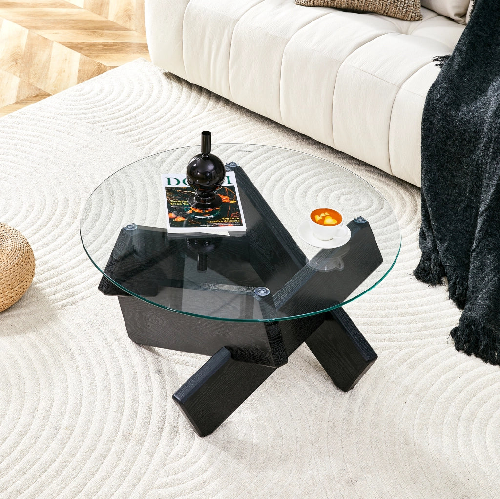 Tavolino da caffè rotondo 79 cm con piano in vetro e base incrociata in MDF e vetro nero trasparente