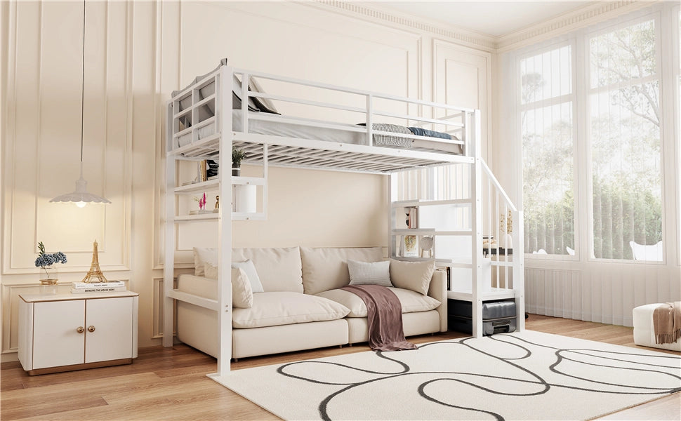 DESMIU Letto a soppalco letto bambino 1 posto con ripiani, scala contenitore e barriera 90 × 200 cm senza materasso