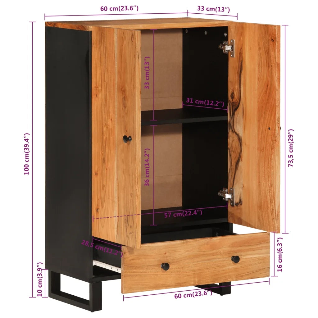 Credenza con Cassetto 60x33x100cm Legno Massello Acacia e Ferro
