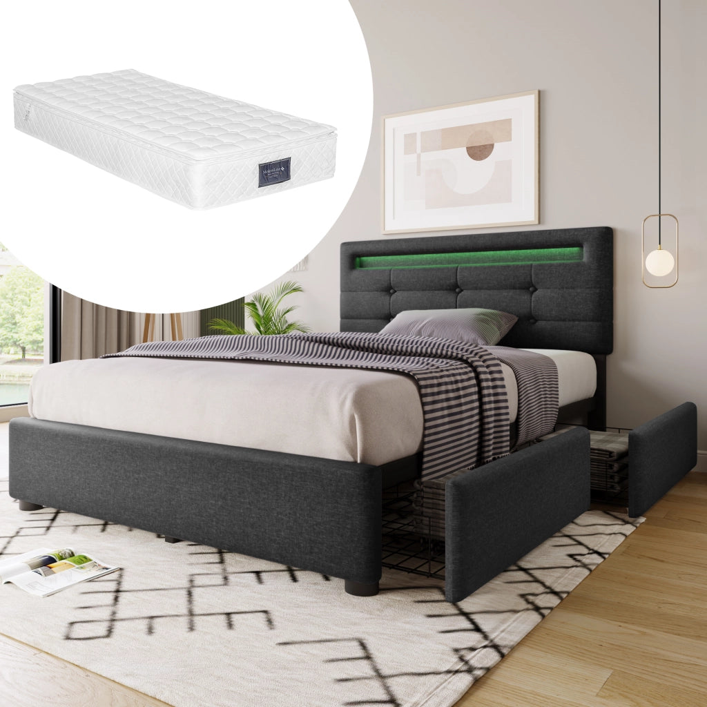 Letto singolo imbottito – 90x200 cm – LED 2 cassetti con materasso – legno grigio