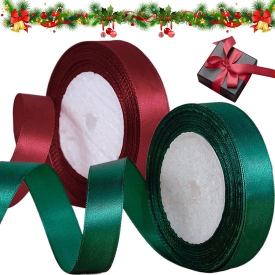 Set di Lint per Cadeau da 2 Rolli - 20 mm x 22 cm - Rosso Scuro/Verde - Lint Satinato - Lint Decorativo per Natale - Per Regali