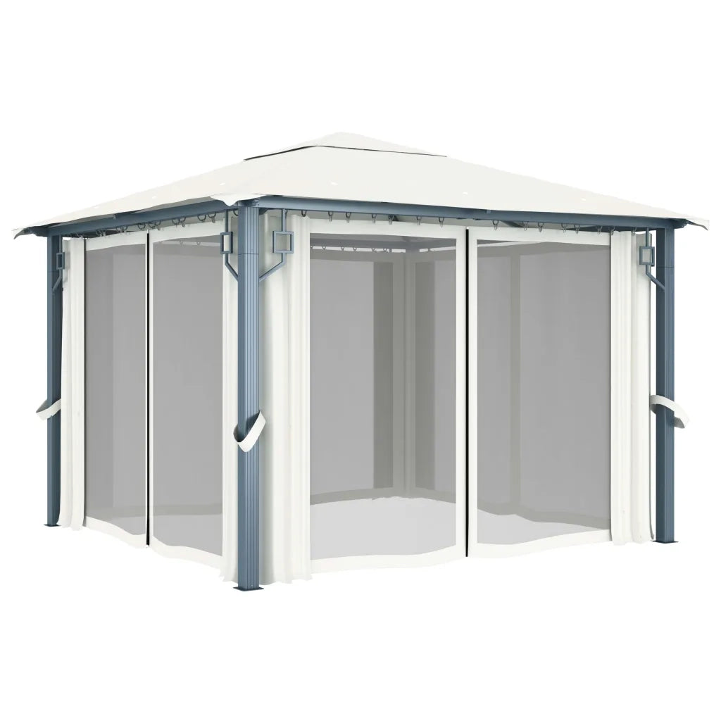 Gazebo con Tende Stringa di Luci LED 300x300 cm Crema Alluminio