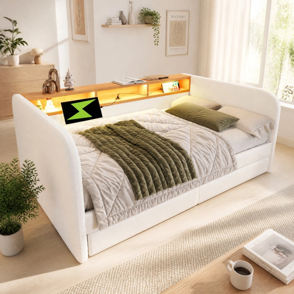 LETTO Imbottito 140x190 cm Beige con LED, USB-C e 2 cassetti