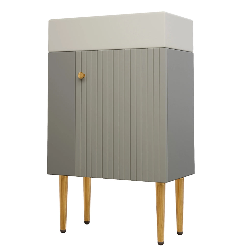 Mobile bagno freestanding ULEVR con lavabo integrato, vano contenitore e ripiani laterali, grigio e bianco