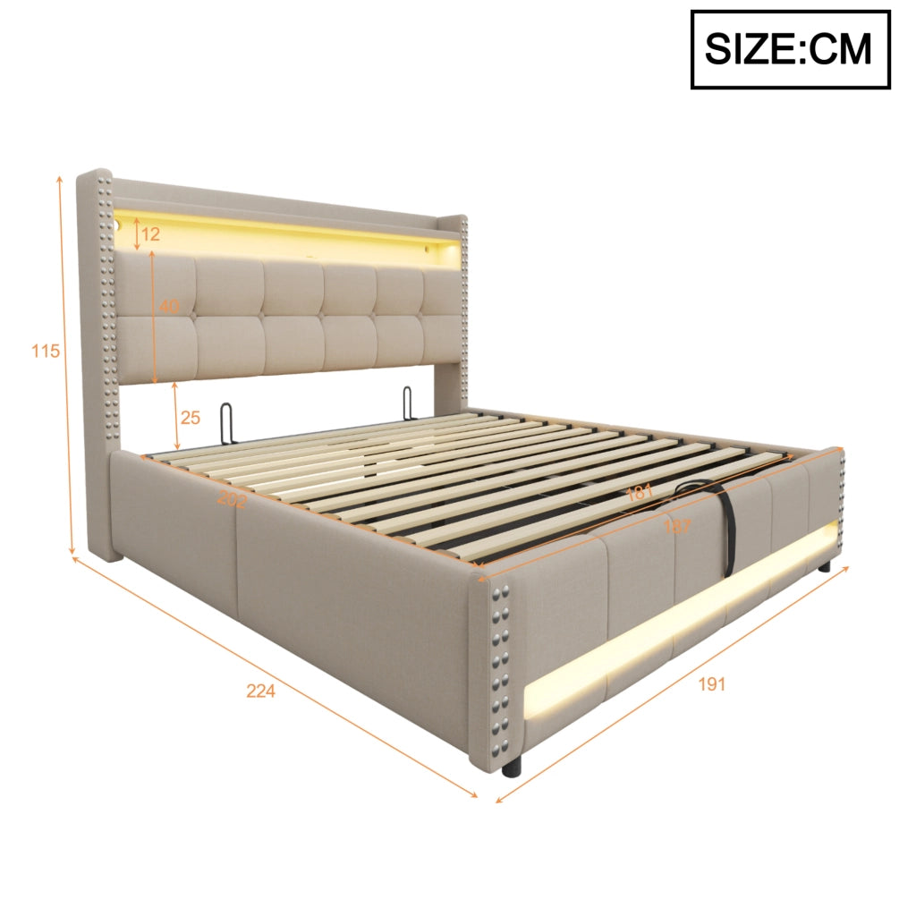 Letto matrimoniale imbottito 180x200 cm in tessuto effetto lino beige con LED; USB e contenitore