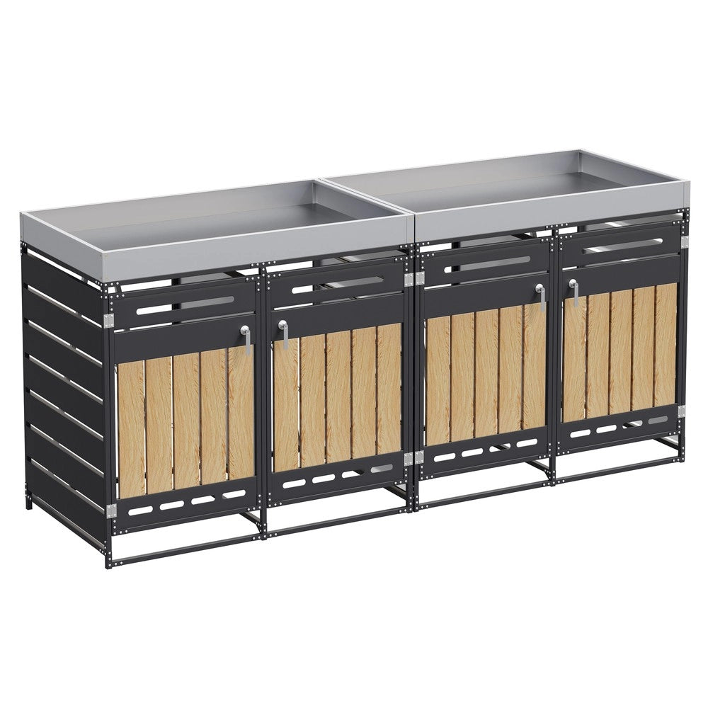 Box Portarifiuti 4 Pezzi con Fioriera ¨C Xylo ¨C Legno, Armadietto da Giardino con Serratura