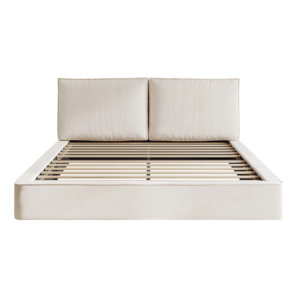 Letto matrimoniale imbottito 180x200 cm con rete a doghe; testiera alta in chenille beige